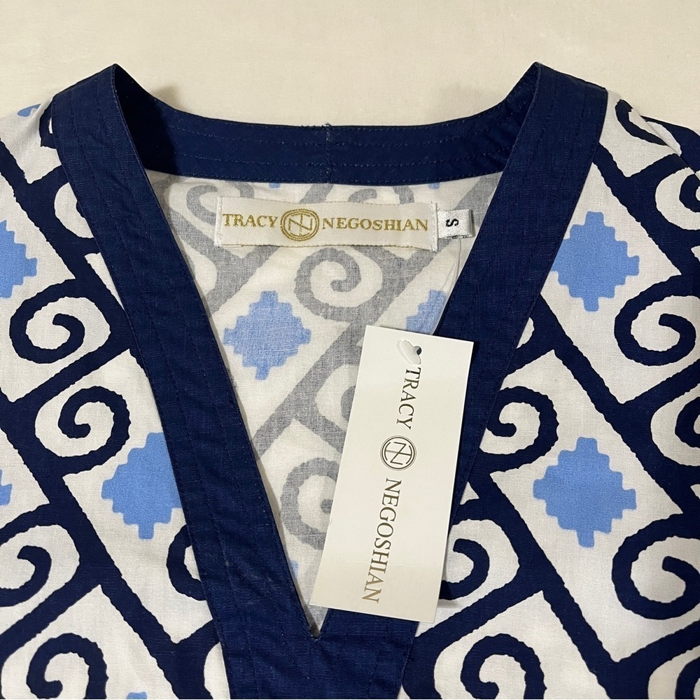 TRACY NEGOSHIAN Women Navy White Geometric V-neck Tunic Size Small - Picture 6 of 10